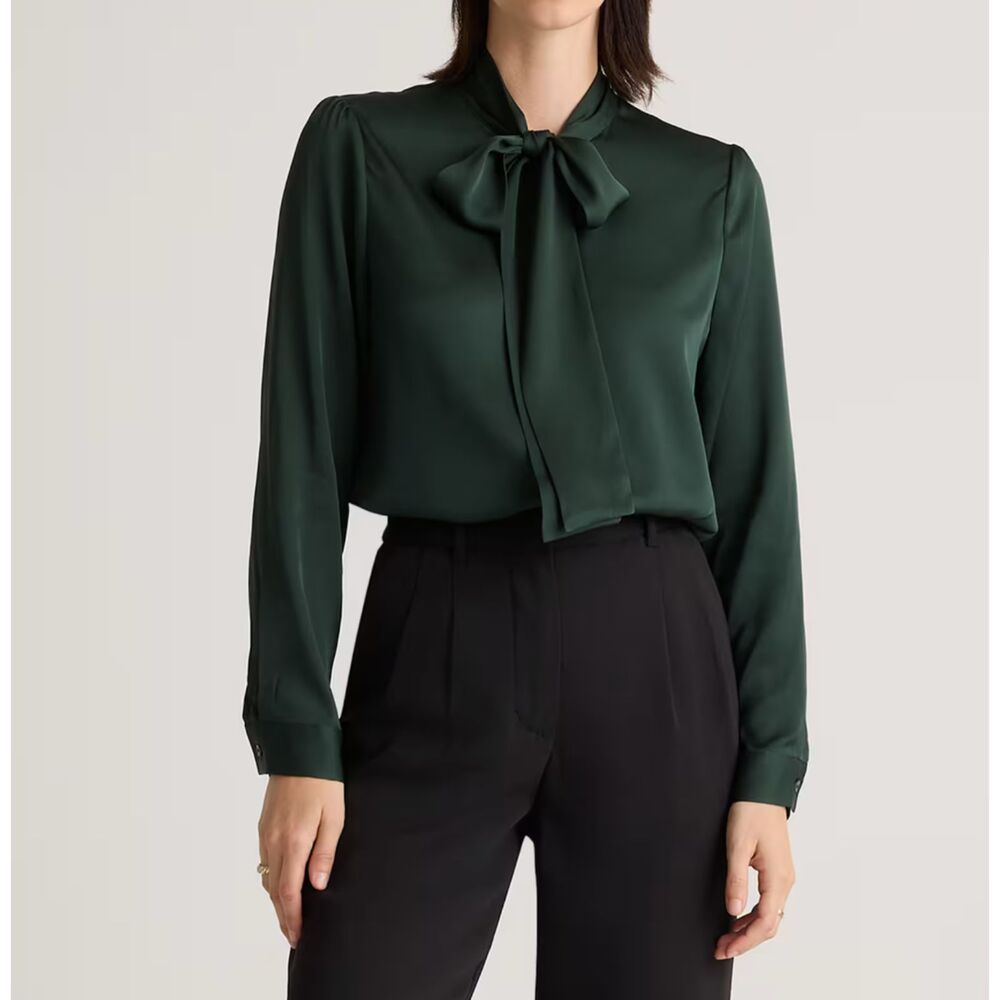 Quince Washable Stretch Silk Tie Neck Blouse Forest Green Medium